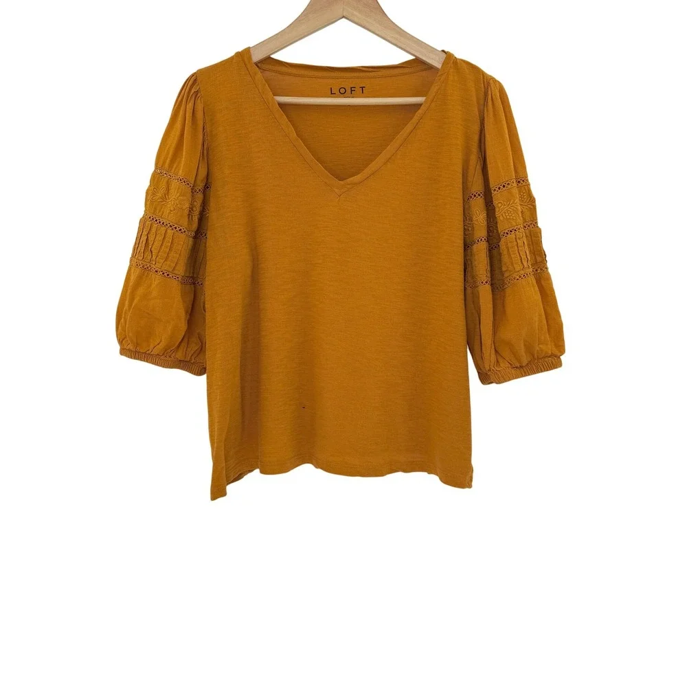 LOFT Women's V-Neck Puff Sleeve Lace Detail Blouse, Gold/Mustard Sz L Boho FLAWS
